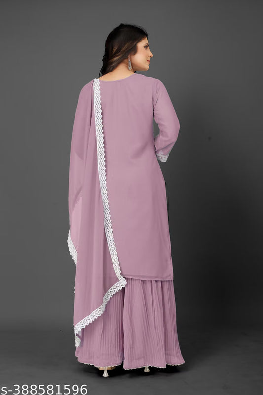 Embroidered Georgette Kurta Sharara Set with Dupatta | Bridal Wedding Guest 3-Piece