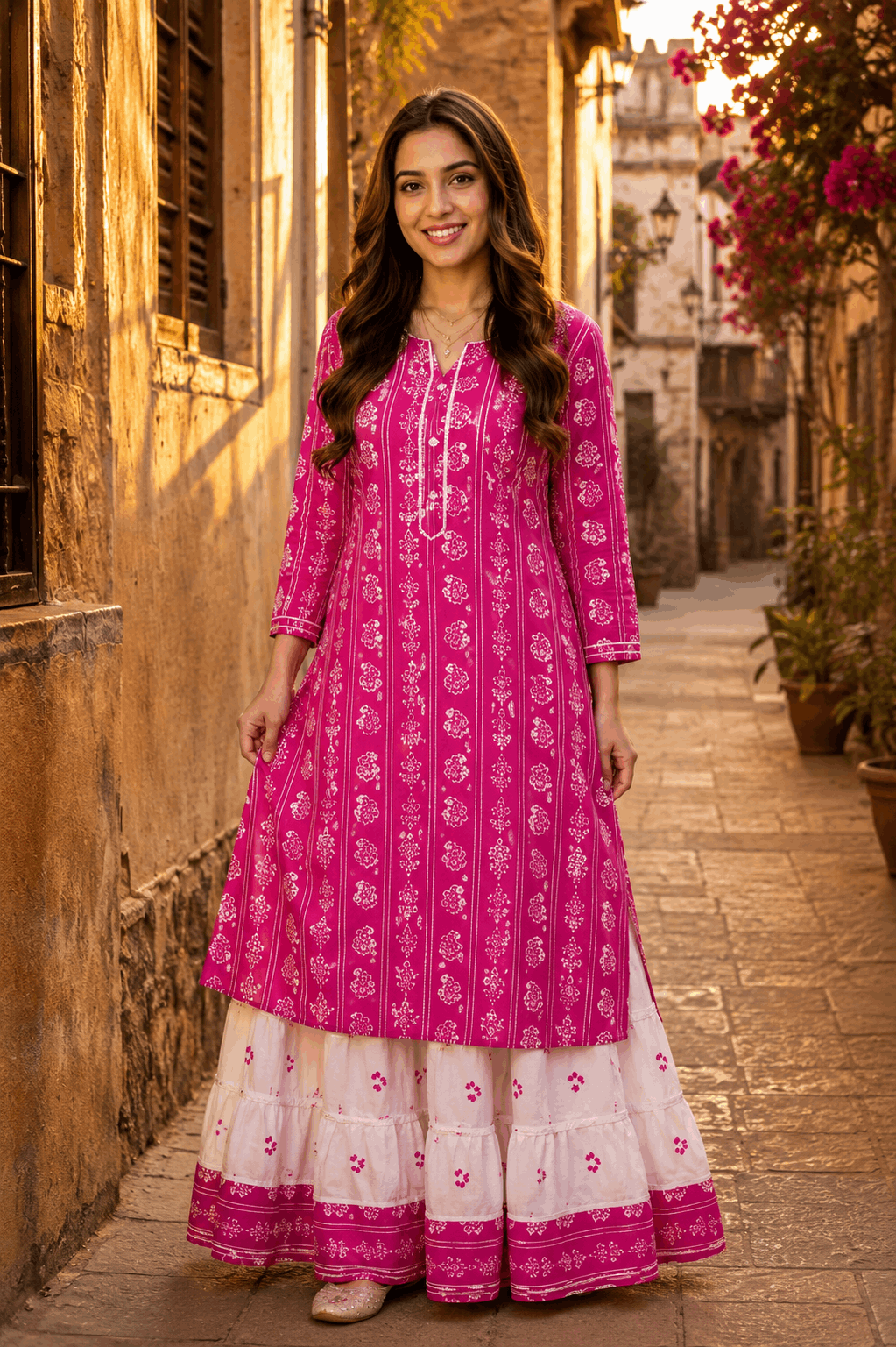 Rayon Printed Kurta with White Tiered Sharara Set for Women | Ethnic Kurti Set | Sunainee