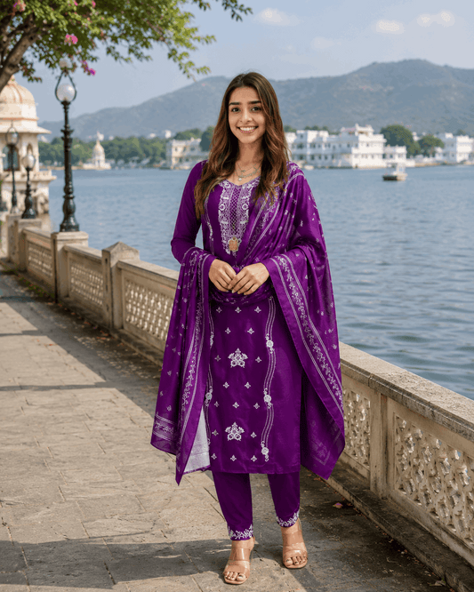 Fashion Mint Women's Embroidered Cotton Blend Kurta Pant & Dupatta Set