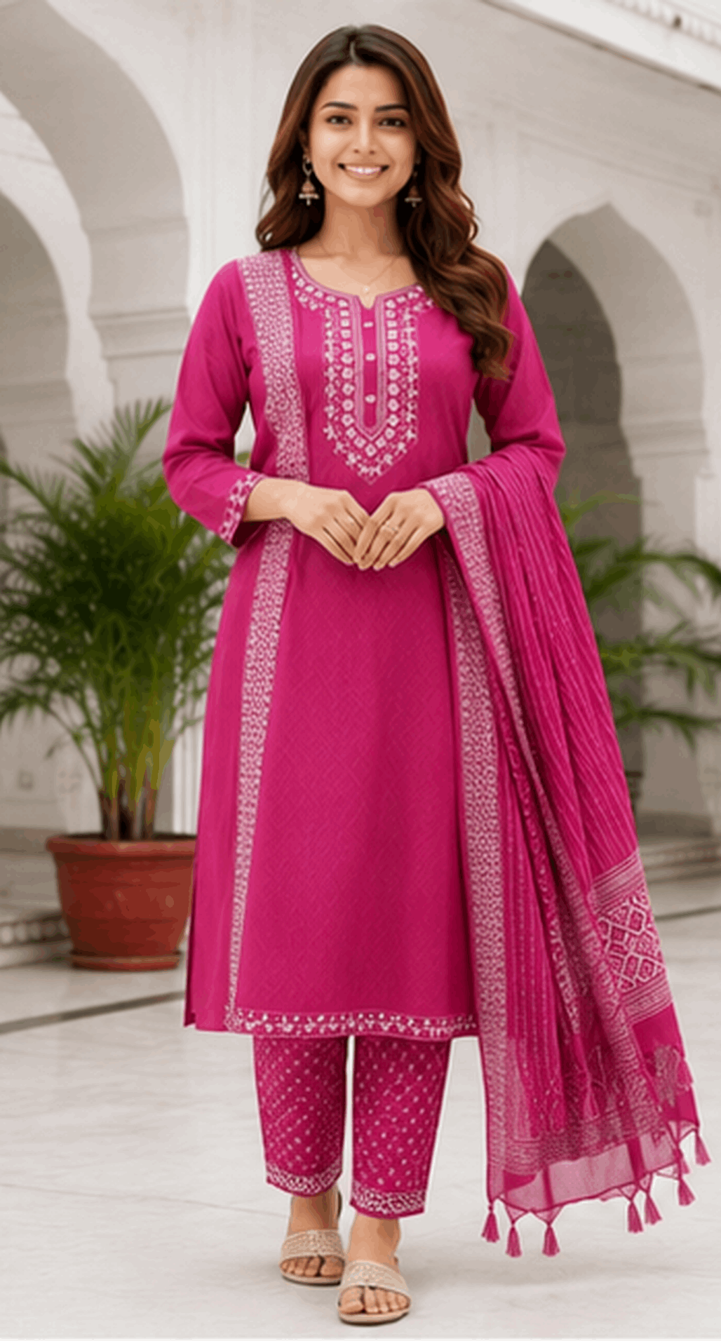 Rani Pink Embroidered Cotton Kurta Pant & Dupatta Set