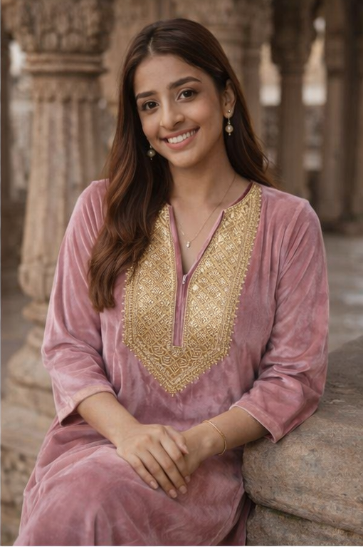 Premium Grey Velvet Kurta & Pant Set for Women | V-Neck Embroidered Winter Ethnic Wear