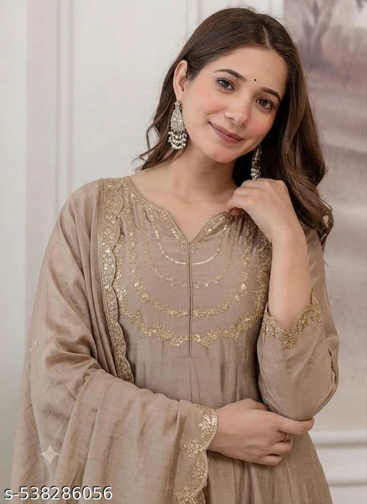 Straight Heavy Embroidered Anarkali Pant Set - Beige side view