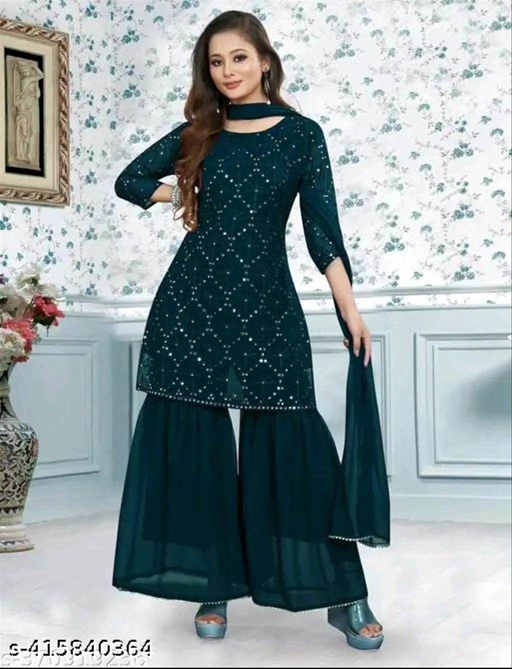 Georgette Sequin Kurta & Sharara Set with Dupatta — Festive Three-Piece