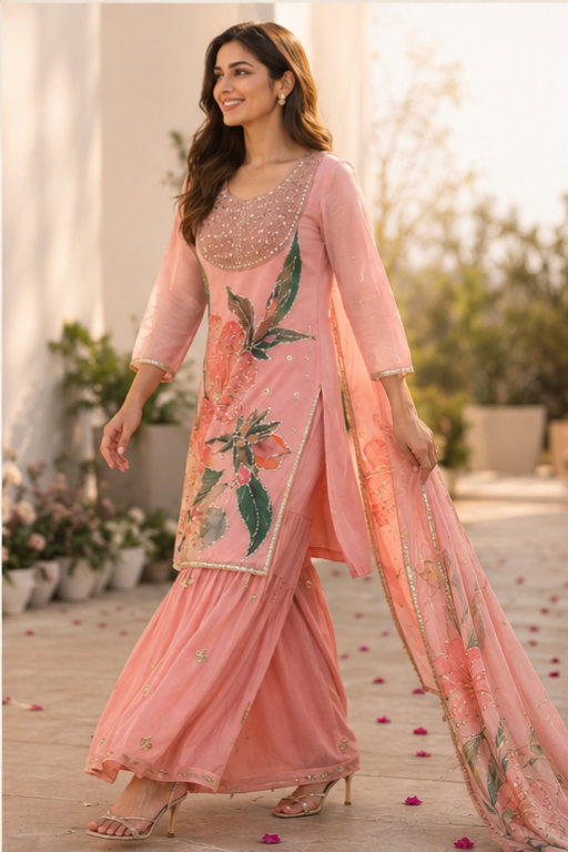 Sunainee Pink Floral Sequin Embroidered Organza Kurta Sharara Set with Printed Dupatta | Wedding & Festive Wear