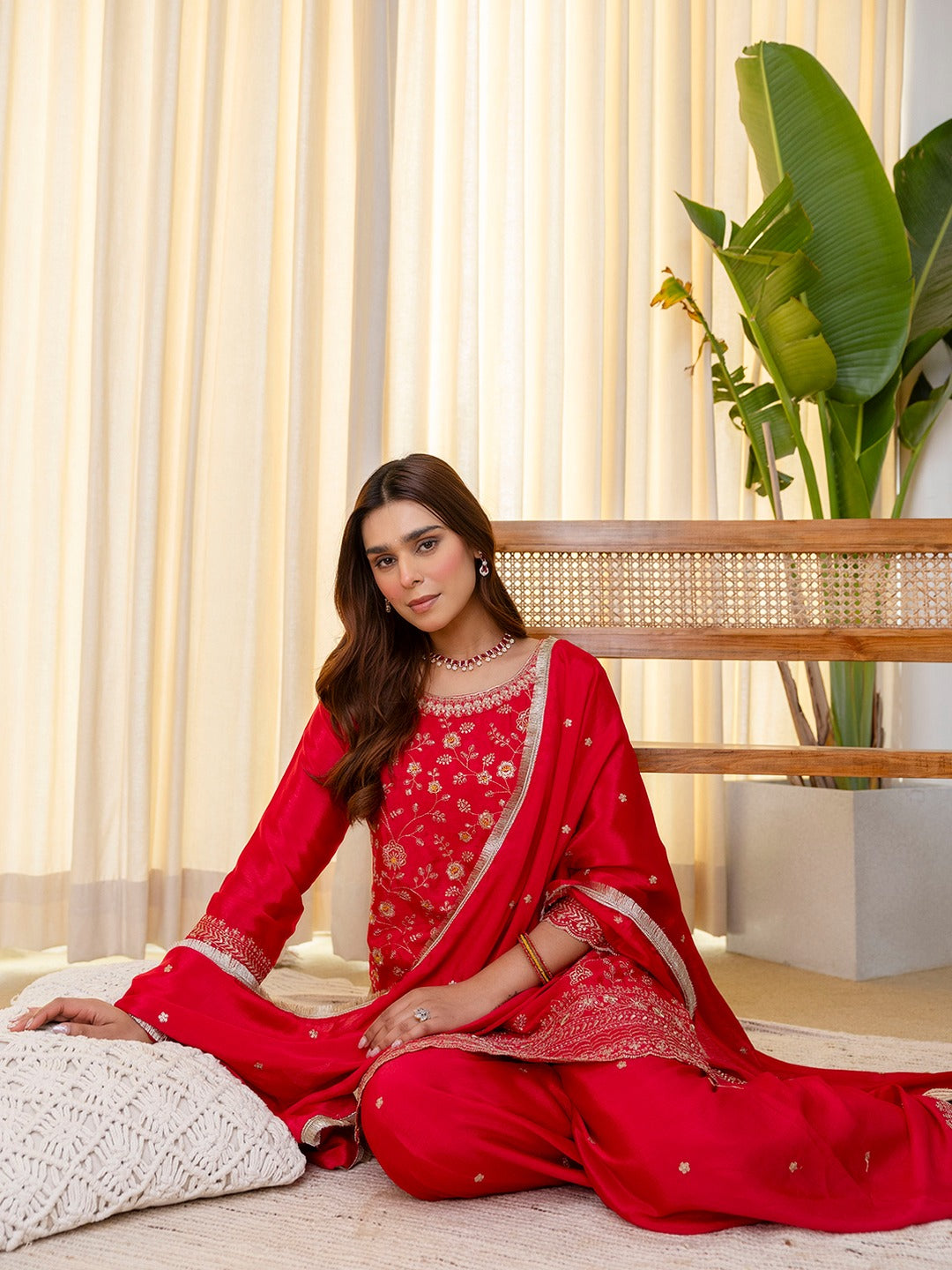 Embroidered Sequins Silk Blend Kurta Palazzo Dupatta Set
