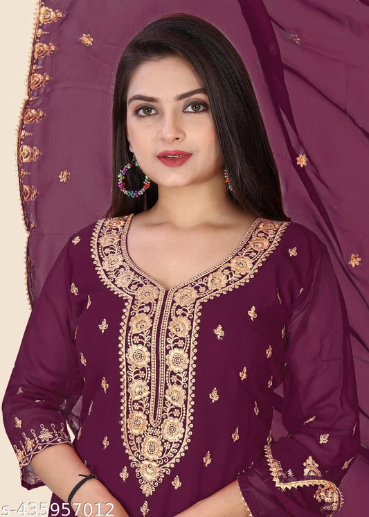 Zari & Sequin Embroidered Georgette Kurta Sharara Set with Dupatta