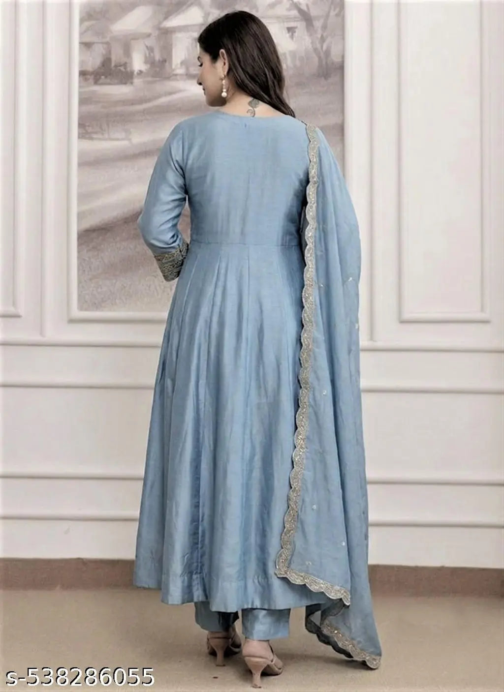 Straight Heavy Embroidered Anarkali Pant Set - Blue detail view