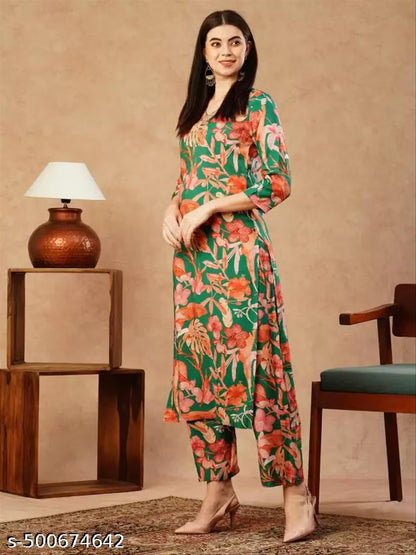 Women's Cotton Partywear Kurti with Pant Set (Pack of 2)