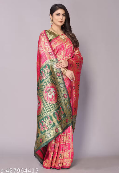 Women's Premium Cotton Silk Patola Inspired Zari Woven Saree with Brocade Blouse