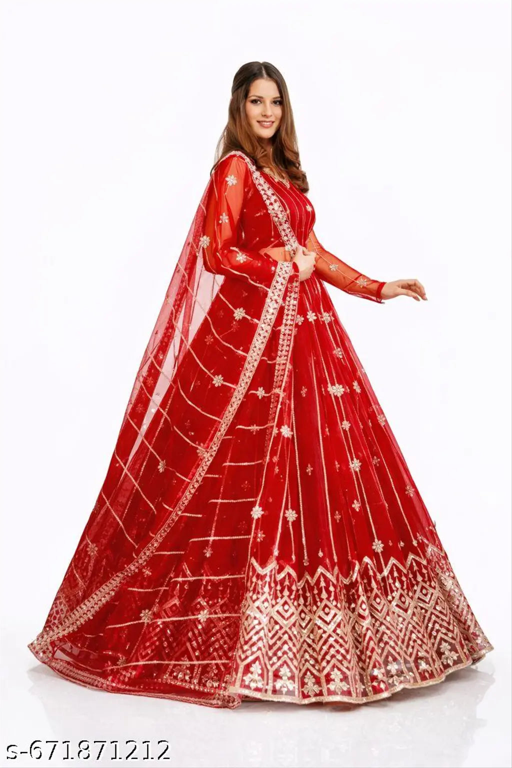 Embroidered Aari Work Lehenga Choli - Red