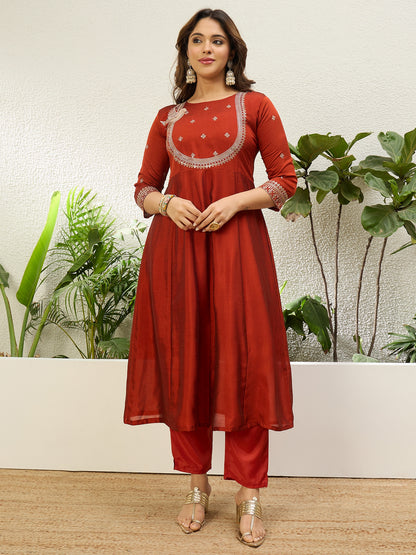 Vasundhara Rust Kurta Set - Sunainee