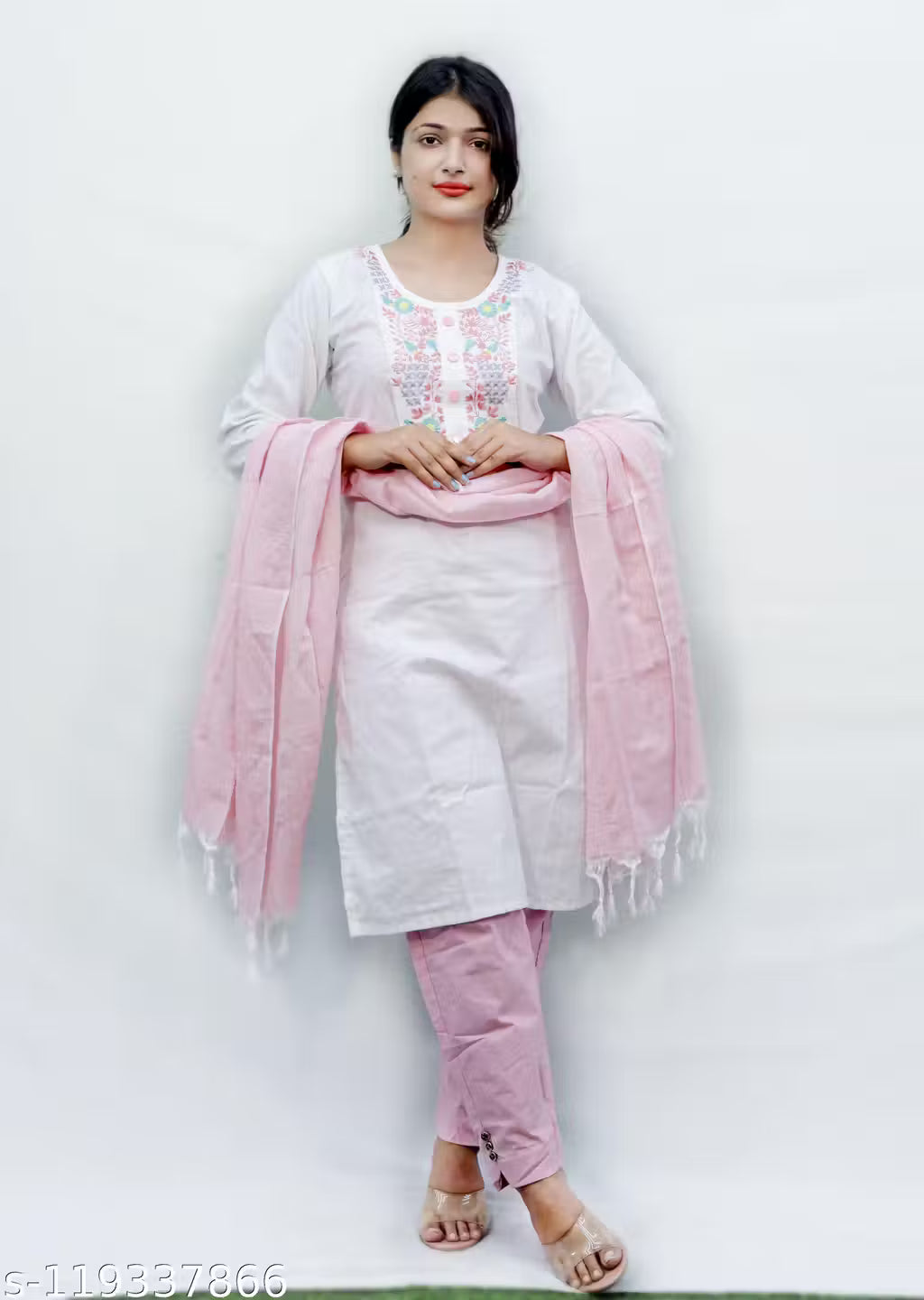 Women's Elegant Embroidered Khadi Cotton Kurta Pant Set with Dupatta