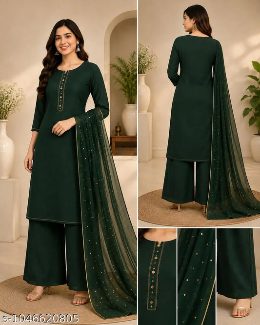 Dark Green Embellished Kurta Palazzo Dupatta Set - front view