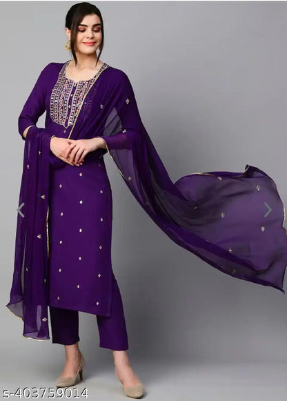 Violet Embroidered Cotton Kurta Set for Women – Trouser & Dupatta Included