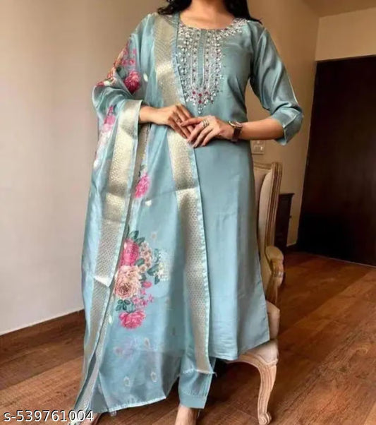 Fancy Cotton Blend Kurta Set With Dupatta