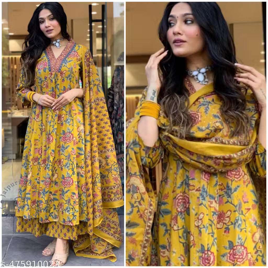 Sunainee™ Mustard Yellow Floral Cotton Kurta Set with Palazzo & Dupatta | Premium Printed Ethnic Suit for Women