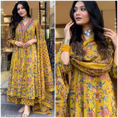 Sunainee™ Mustard Yellow Floral Cotton Kurta Set with Palazzo & Dupatta | Premium Printed Ethnic Suit for Women
