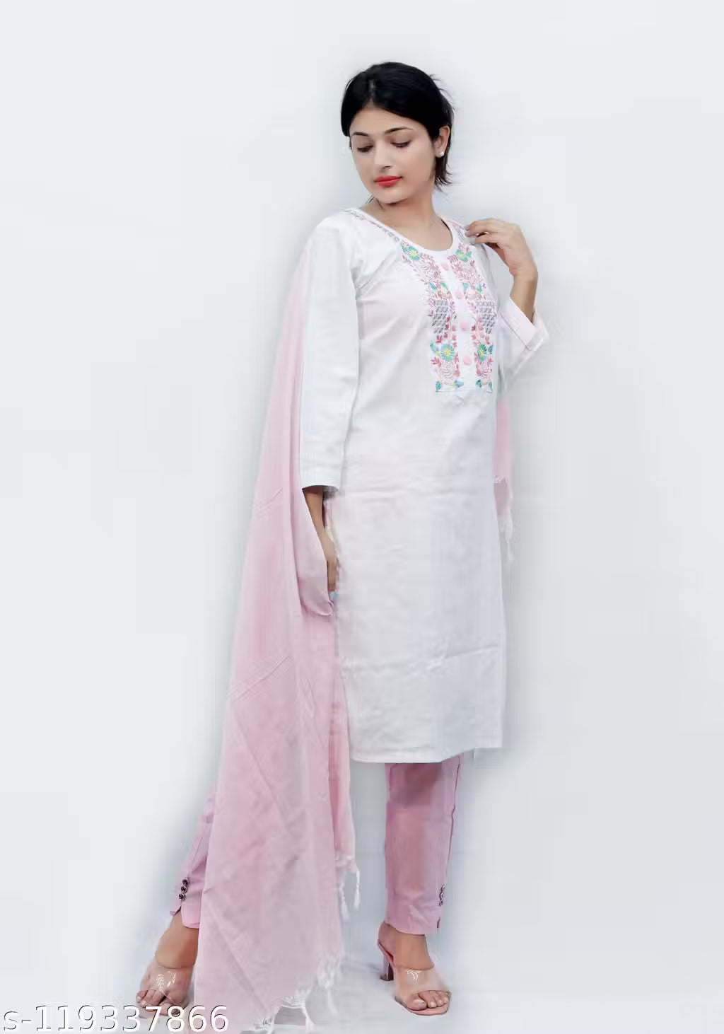Women's Elegant Embroidered Khadi Cotton Kurta Pant Set with Dupatta