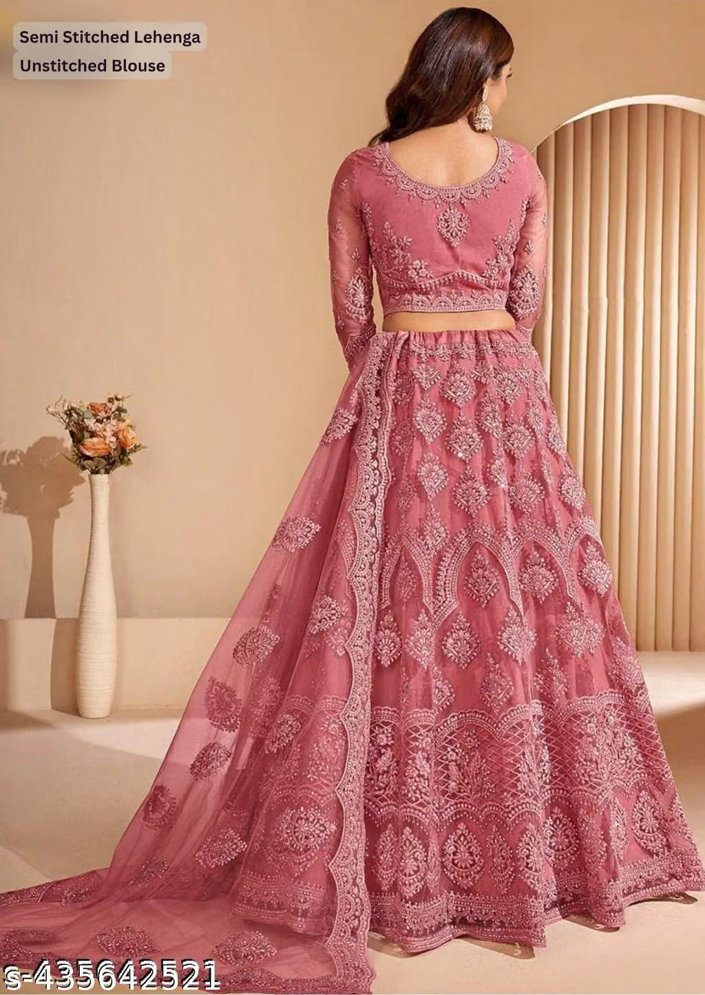 Embroidered Thread Work Semi-Stitched Lehenga with Unstitched Blouse and inner fabric with Stitched Dupatta