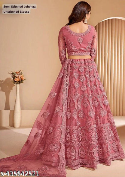 Embroidered Thread Work Semi-Stitched Lehenga with Unstitched Blouse and inner fabric with Stitched Dupatta