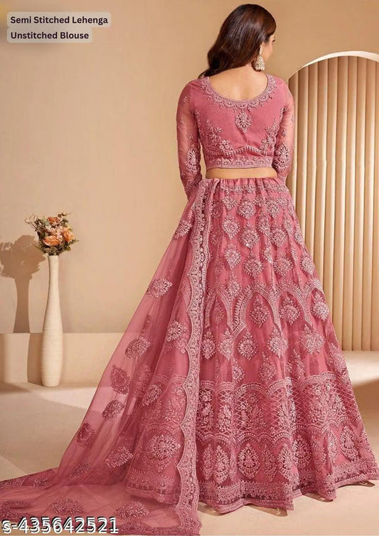 Embroidered Thread Work Semi-Stitched Lehenga with Unstitched Blouse and inner fabric with Stitched Dupatta