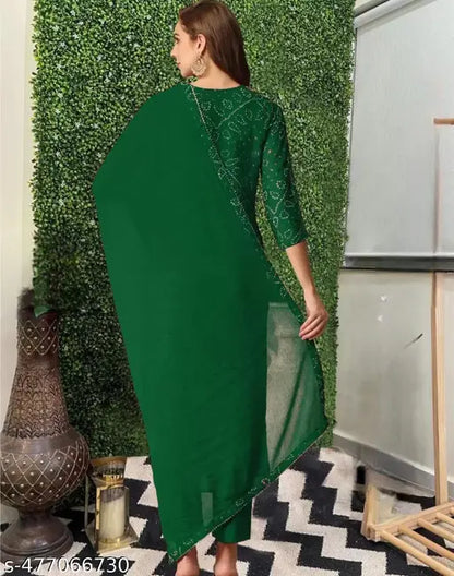 Green Ethnic Floral Printed Rayon Kurta with Sharara and Dupatta - side