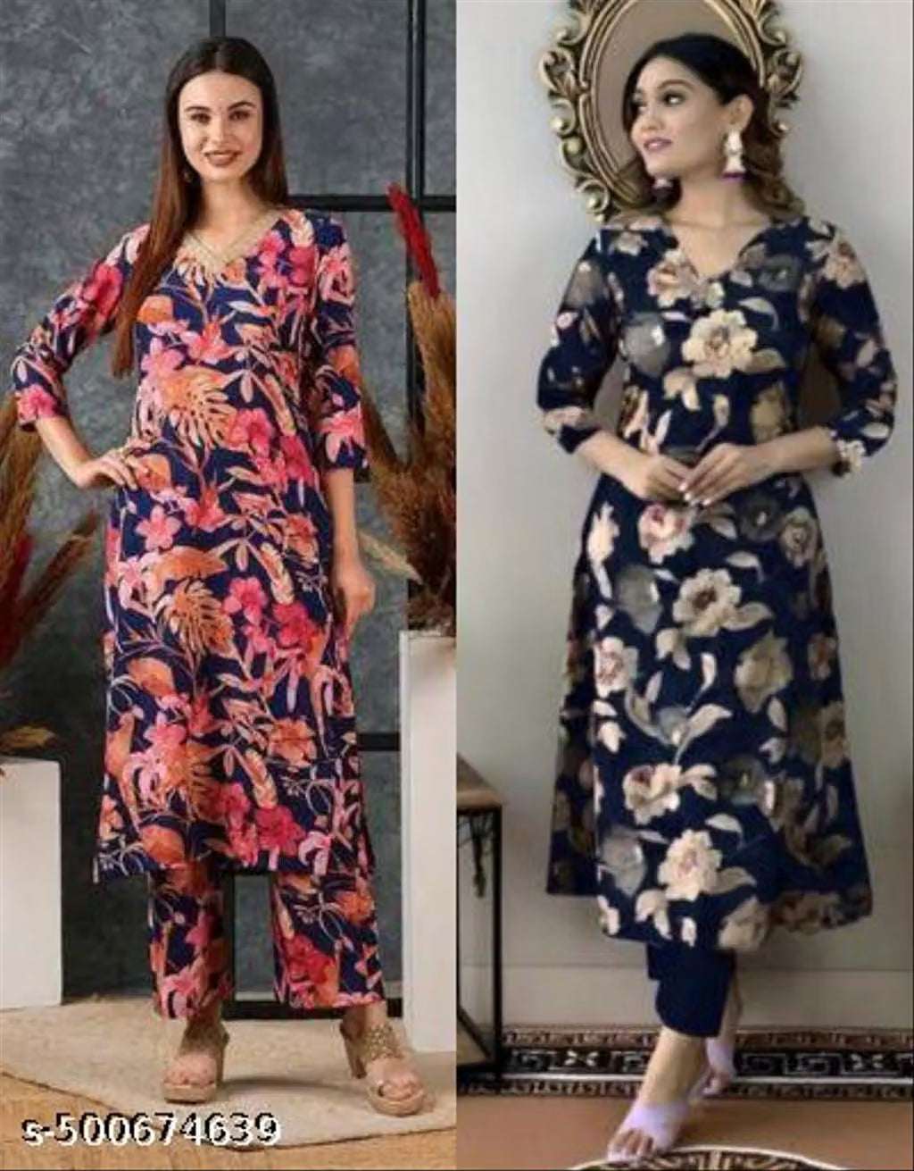 Women's Cotton Partywear Kurti with Pant Set (Pack of 2)