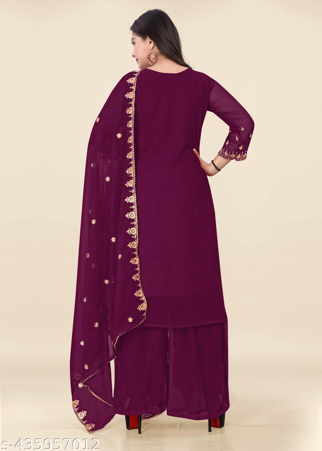 Zari & Sequin Embroidered Georgette Kurta Sharara Set with Dupatta