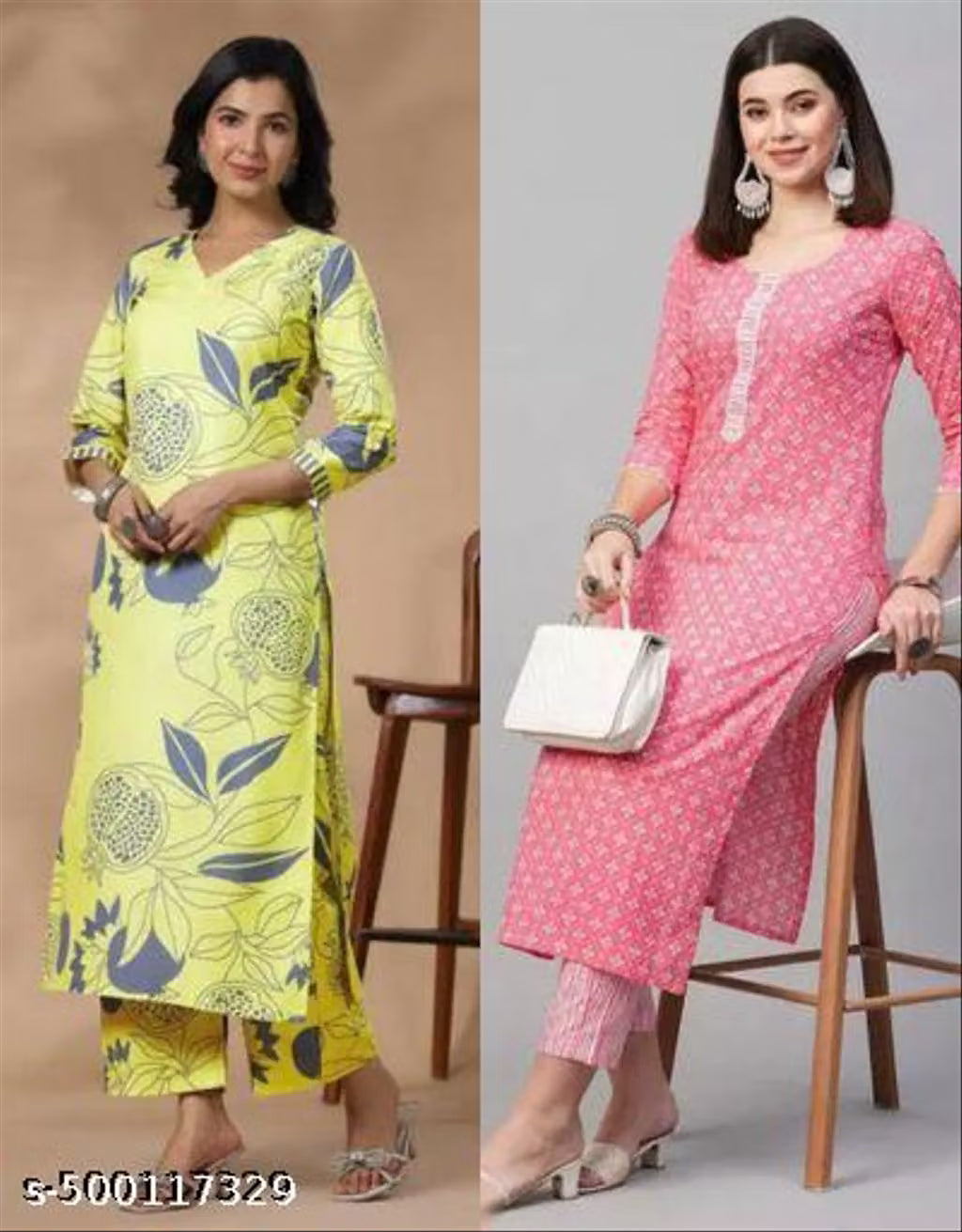 Women's Cotton Partywear Kurti with Pant Set (Pack of 2)