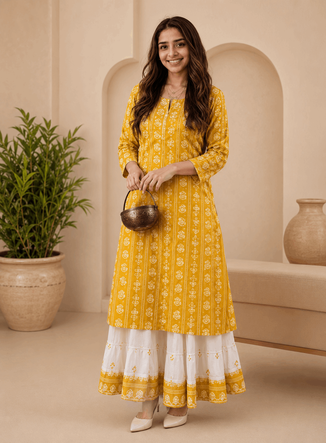 Rayon Printed Kurta with White Tiered Sharara Set for Women | Ethnic Kurti Set | Sunainee