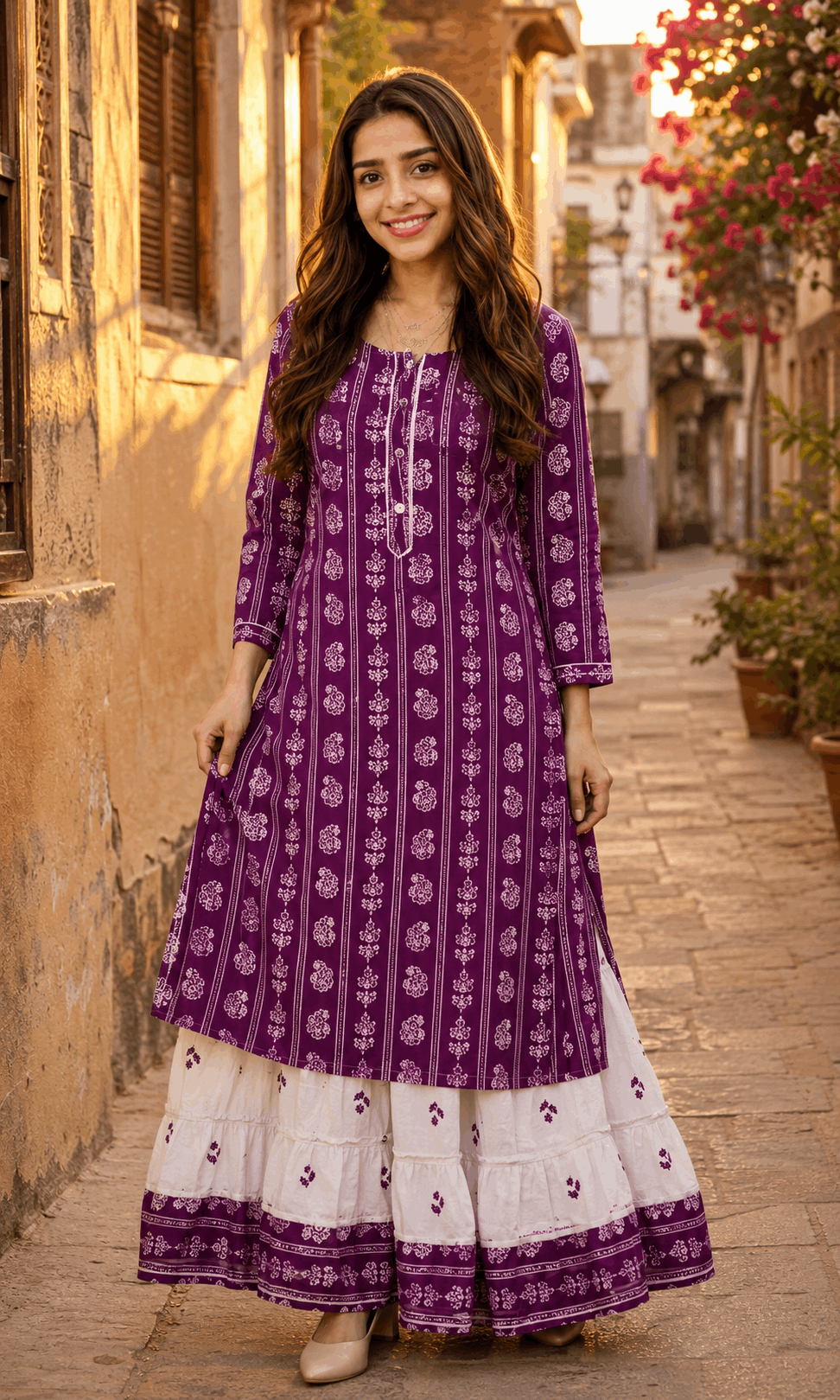 Rayon Printed Kurta with White Tiered Sharara Set for Women | Ethnic Kurti Set | Sunainee