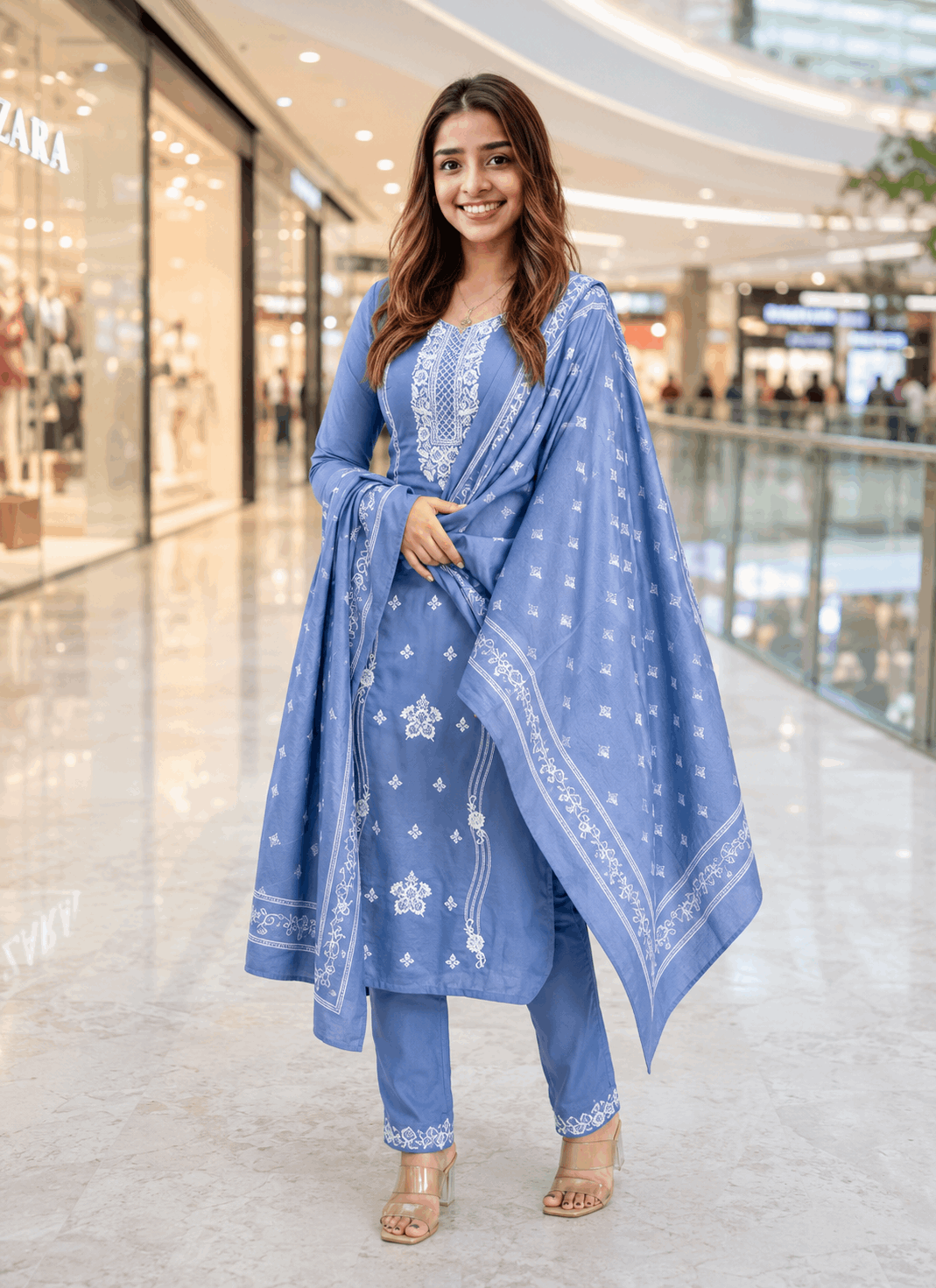 Fashion Mint Women's Embroidered Cotton Blend Kurta Pant & Dupatta Set
