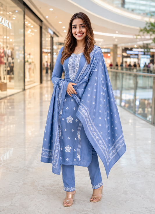 Fashion Mint Women's Embroidered Cotton Blend Kurta Pant &amp; Dupatta Set