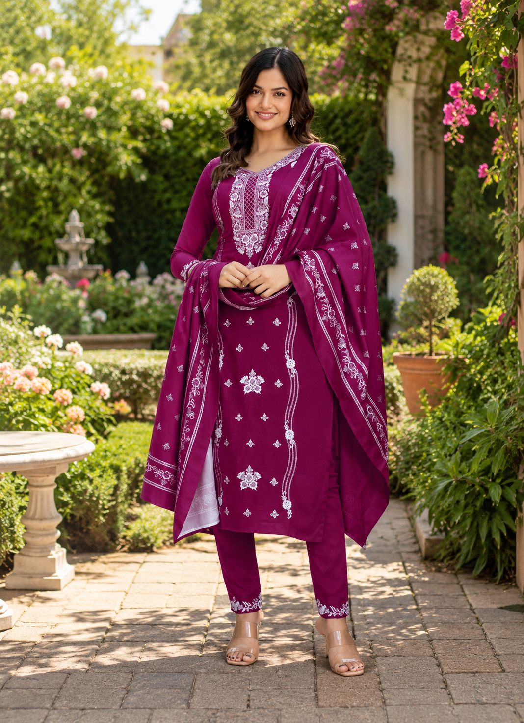 Fashion Mint Women's Embroidered Cotton Blend Kurta Pant &amp; Dupatta Set