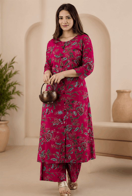 Sunainee Rani Pink Floral Printed Rayon Kurta & Palazzo Set