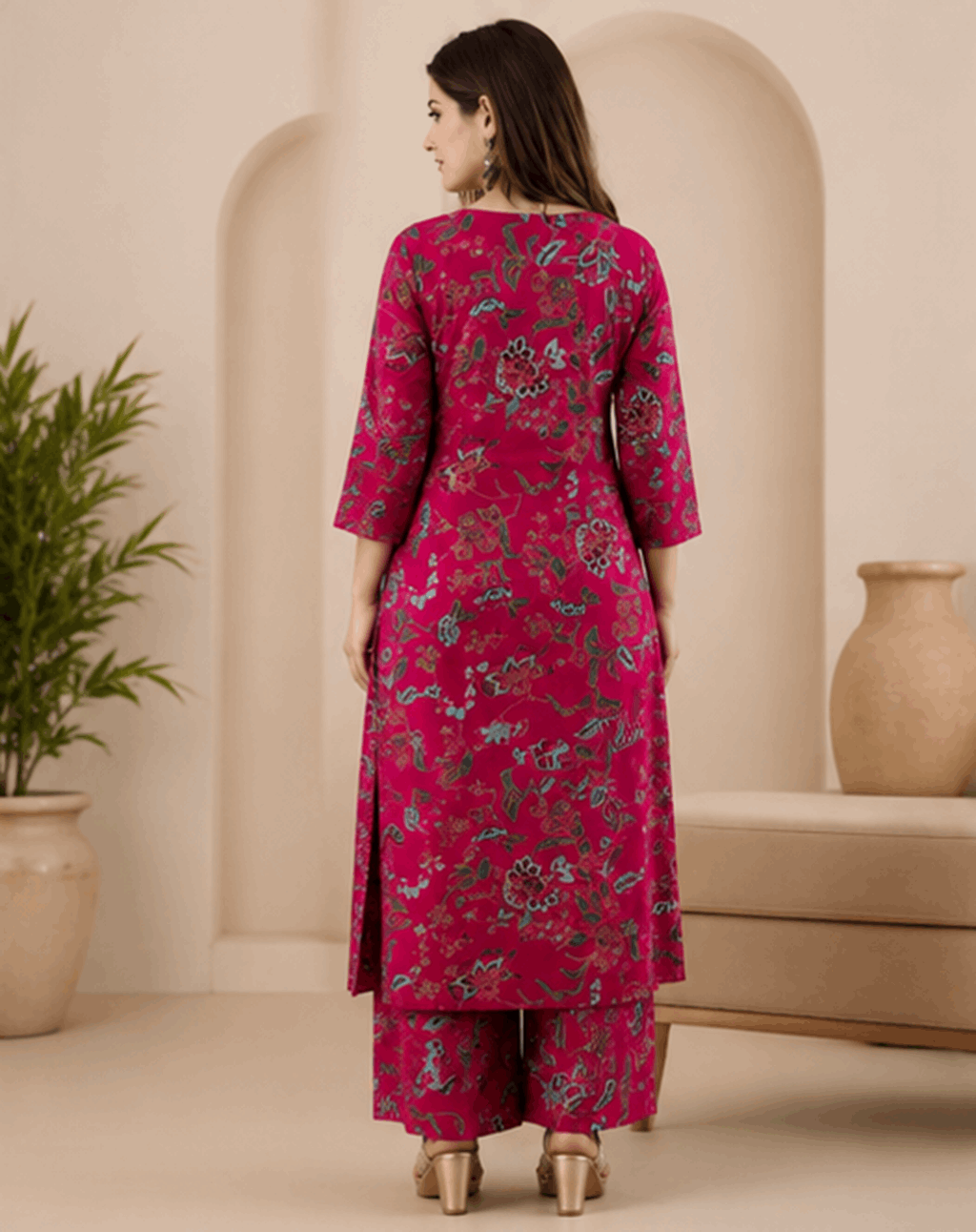 Sunainee Rani Pink Floral Printed Rayon Kurta & Palazzo Set