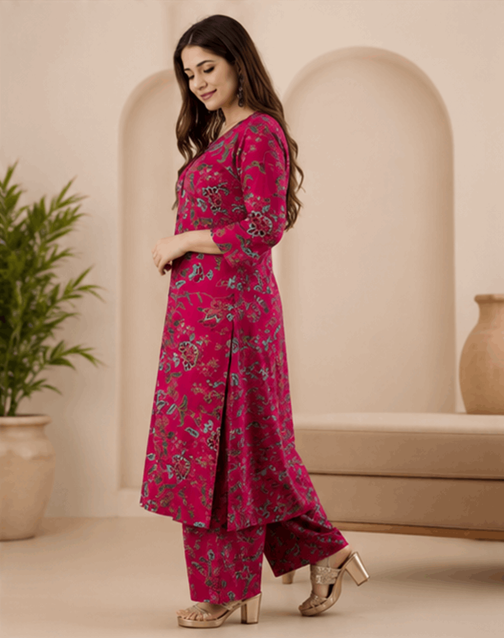 Sunainee Rani Pink Floral Printed Rayon Kurta & Palazzo Set