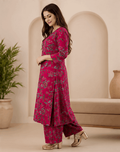 Sunainee Rani Pink Floral Printed Rayon Kurta & Palazzo Set
