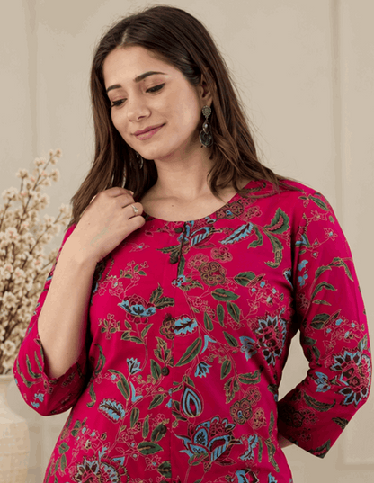 Sunainee Rani Pink Floral Printed Rayon Kurta & Palazzo Set
