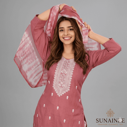Adrika Ensemble Women's Embroidered Rayon Slub Kurta Set with Dupatta & Bottomwear