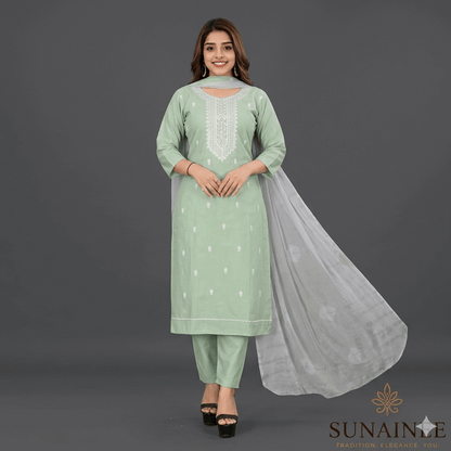 Adrika Ensemble Women's Embroidered Rayon Slub Kurta Set with Dupatta & Bottomwear