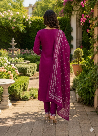 Fashion Mint Women's Embroidered Cotton Blend Kurta Pant &amp; Dupatta Set