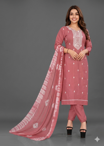 Adrika Ensemble Women's Embroidered Rayon Slub Kurta Set with Dupatta & Bottomwear