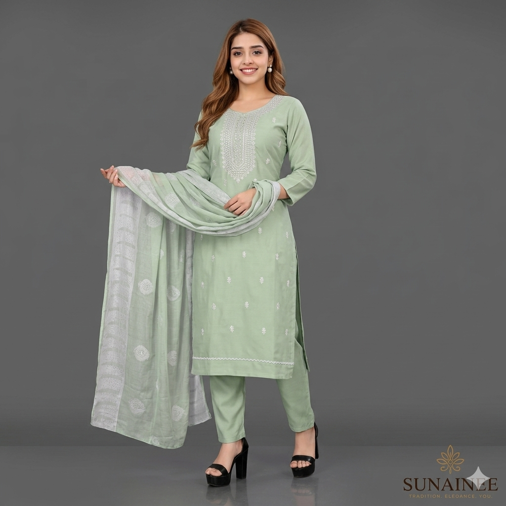 Adrika Ensemble Women's Embroidered Rayon Slub Kurta Set with Dupatta & Bottomwear