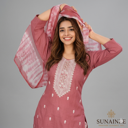 Adrika Ensemble Women's Embroidered Rayon Slub Kurta Set with Dupatta & Bottomwear