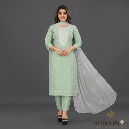 Adrika Ensemble Women's Embroidered Rayon Slub Kurta Set with Dupatta & Bottomwear