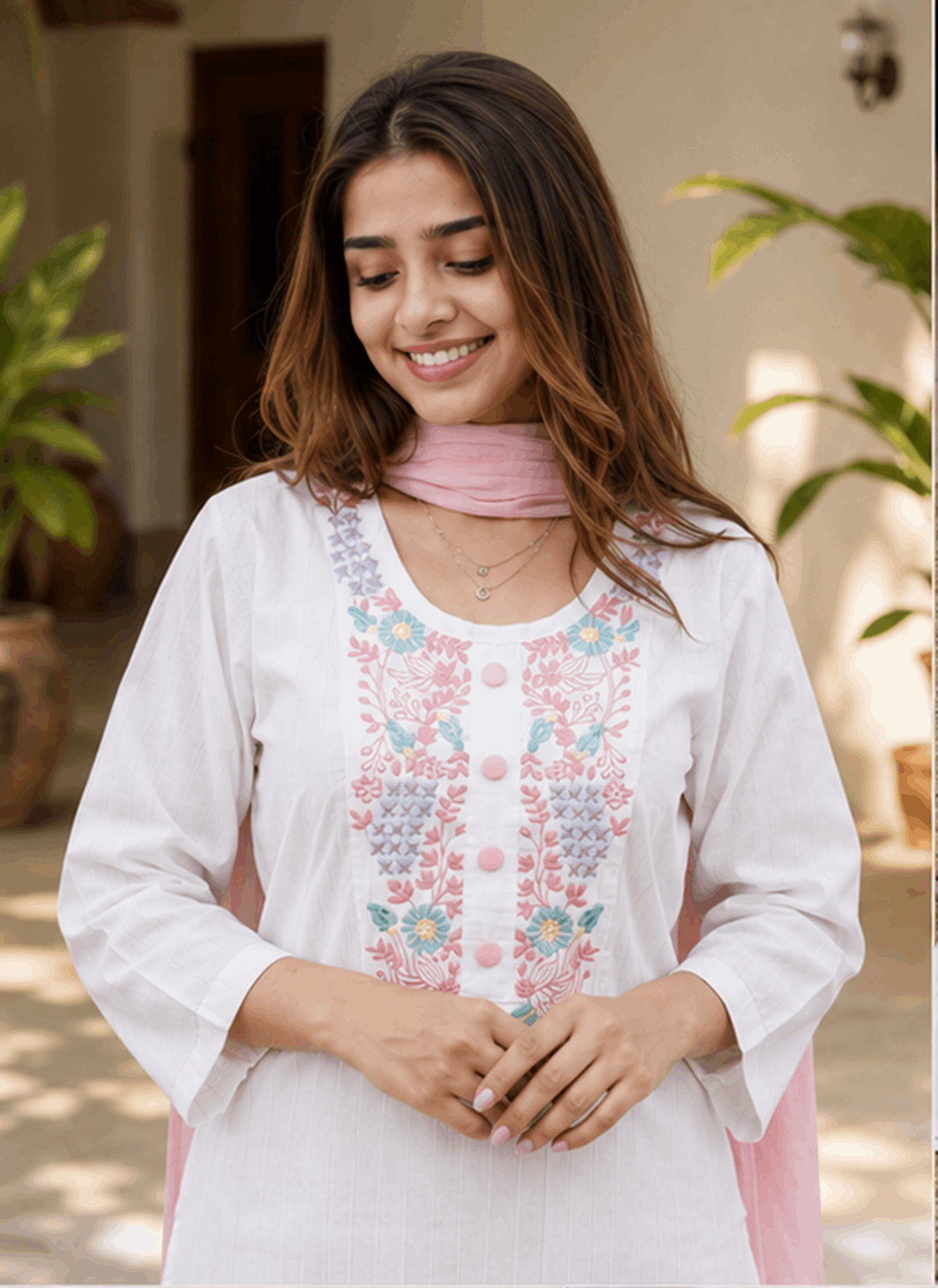 Women's Elegant Embroidered Khadi Cotton Kurta Pant Set with Dupatta