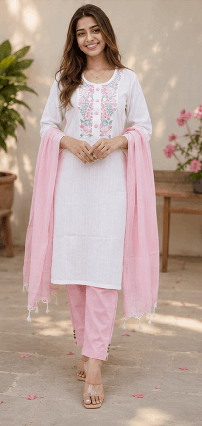 Women's Elegant Embroidered Khadi Cotton Kurta Pant Set with Dupatta