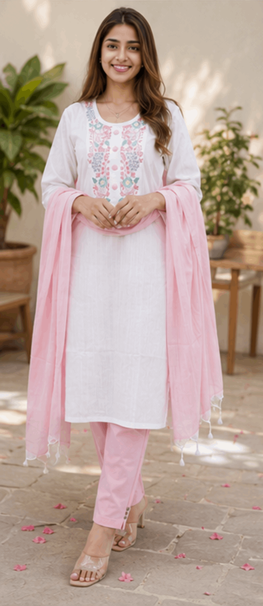 Women's Elegant Embroidered Khadi Cotton Kurta Pant Set with Dupatta