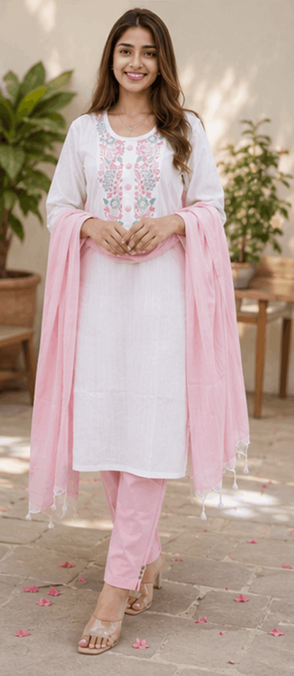 Women's Elegant Embroidered Khadi Cotton Kurta Pant Set with Dupatta